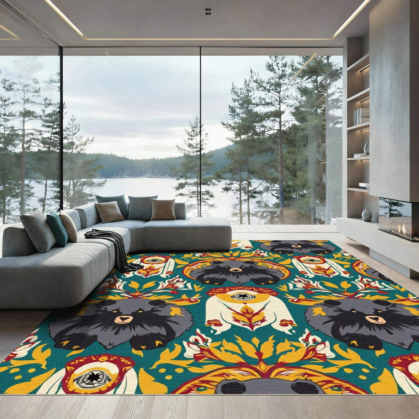 Teal Gray Bear Floral Emblem Rug