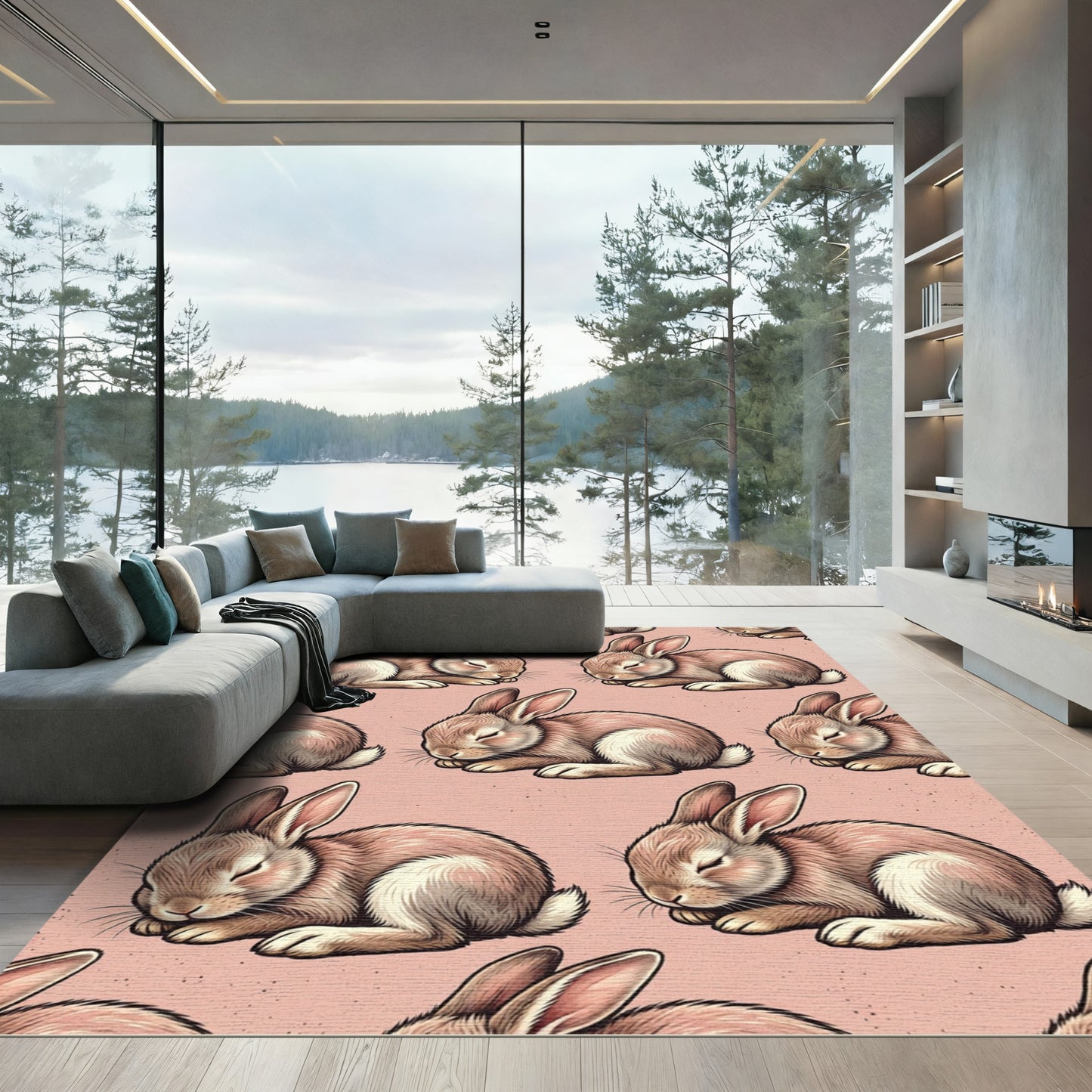 Blush Pink Sleeping Bunny Folk Rug