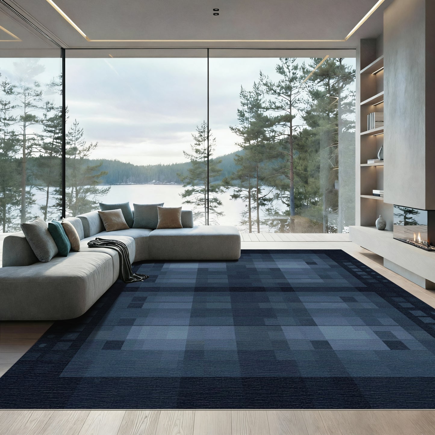 Deep Blue Pixelated Geometric Rectangles Rug