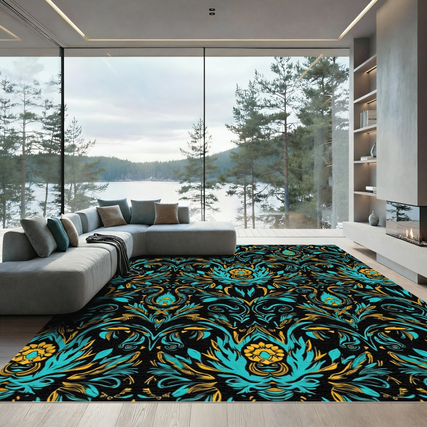 Teal Gold Floral Damask Scrolling Rug