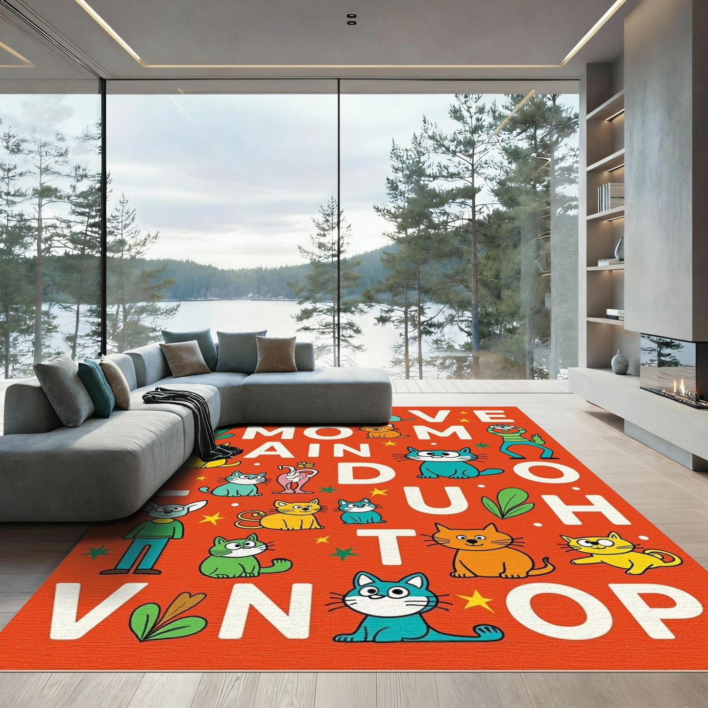 Playful Cat Alphabet Orange Rug
