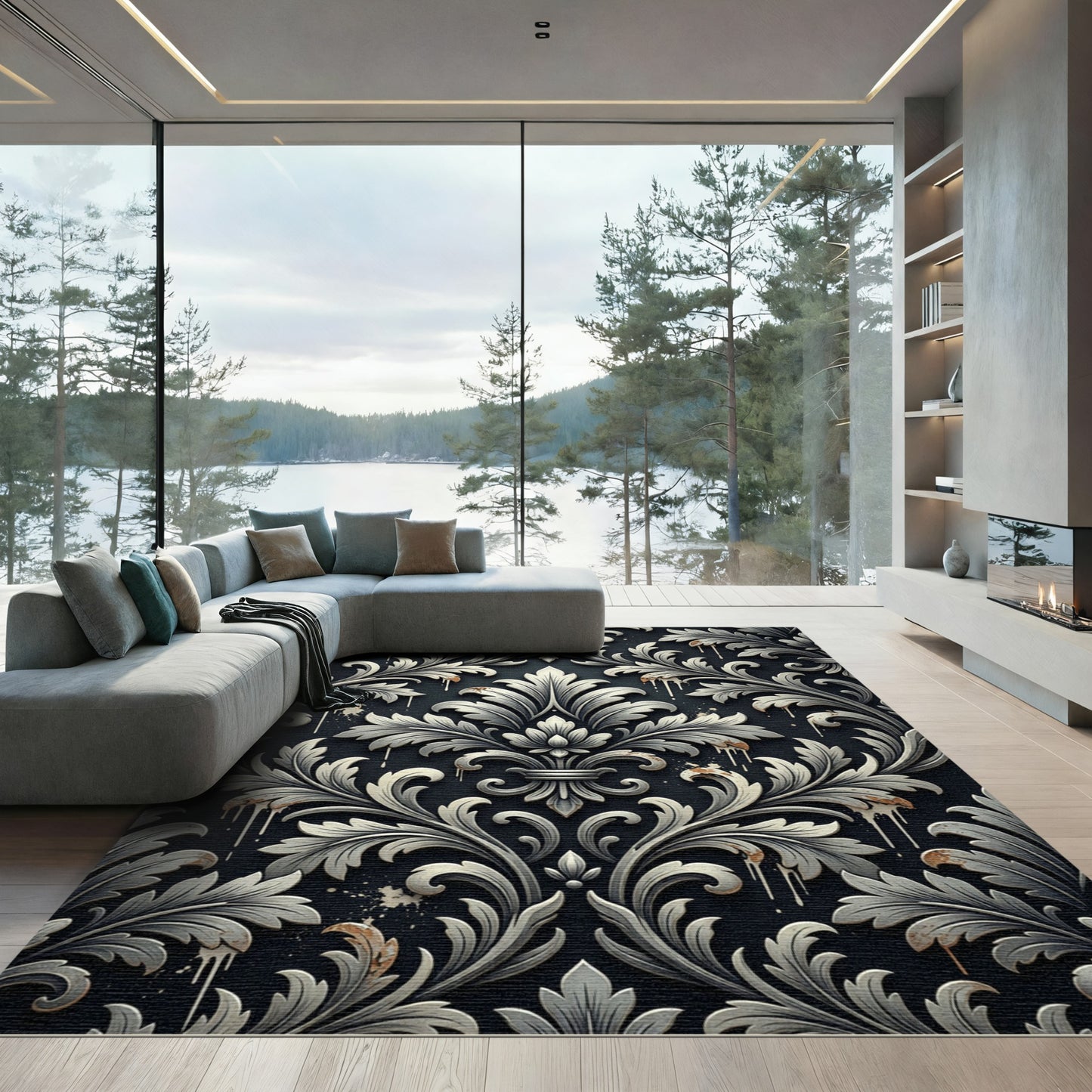 Gothic Silver Damask Antiqued Iron Rug