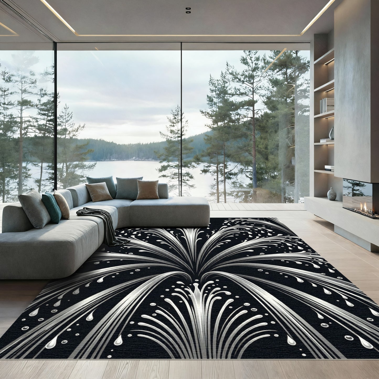 Dynamic White Fountain Splashes Rug