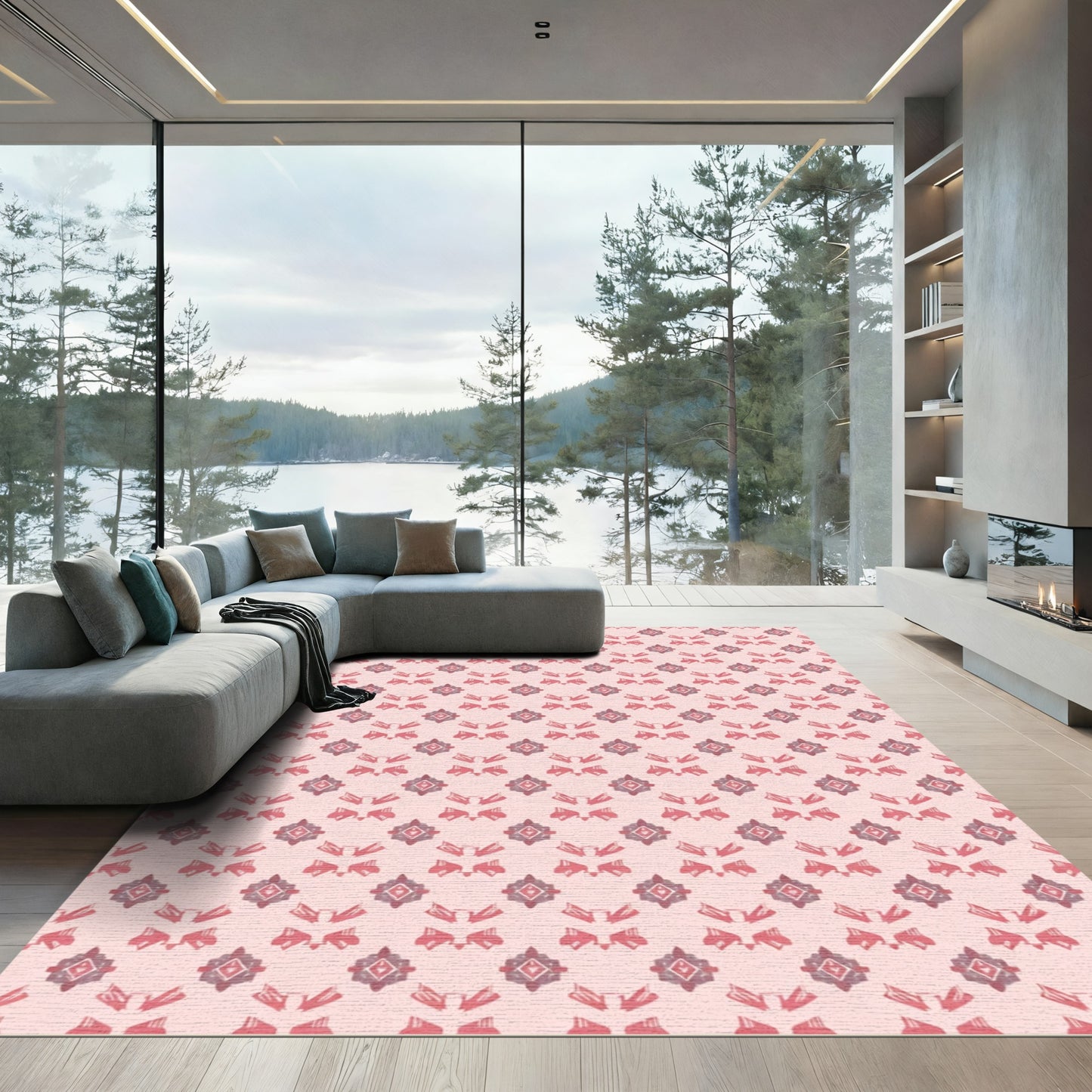 Soft Rose Pink Geometric Medallion Rug