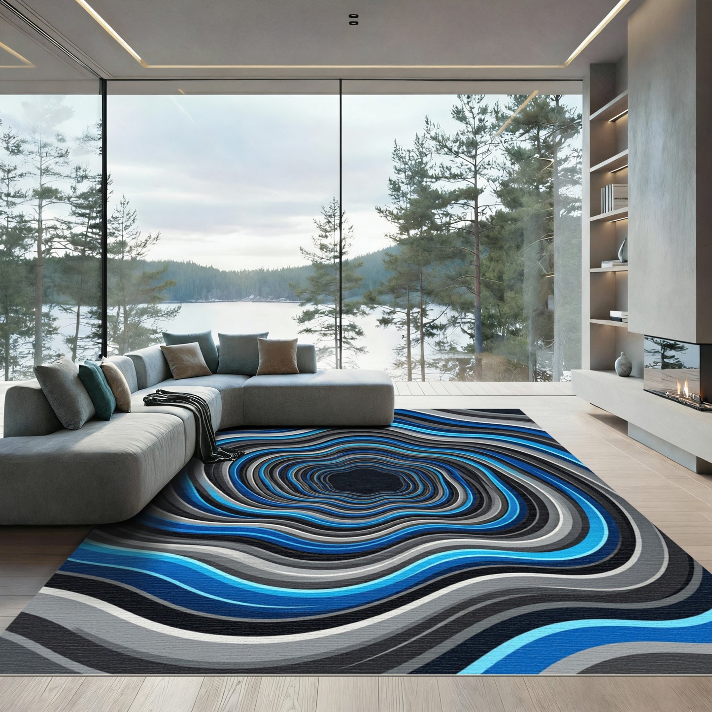 Vibrant Blue Abstract Wavy Vortex Rug
