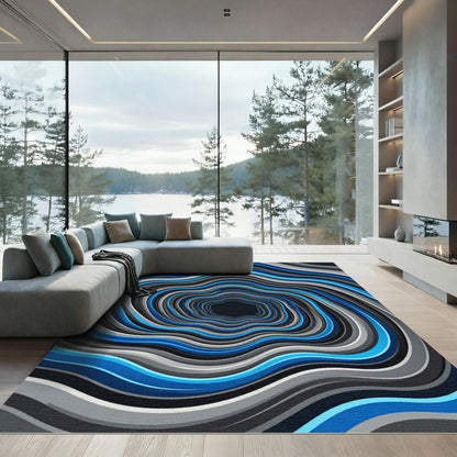 Vibrant Blue Abstract Wavy Vortex Rug