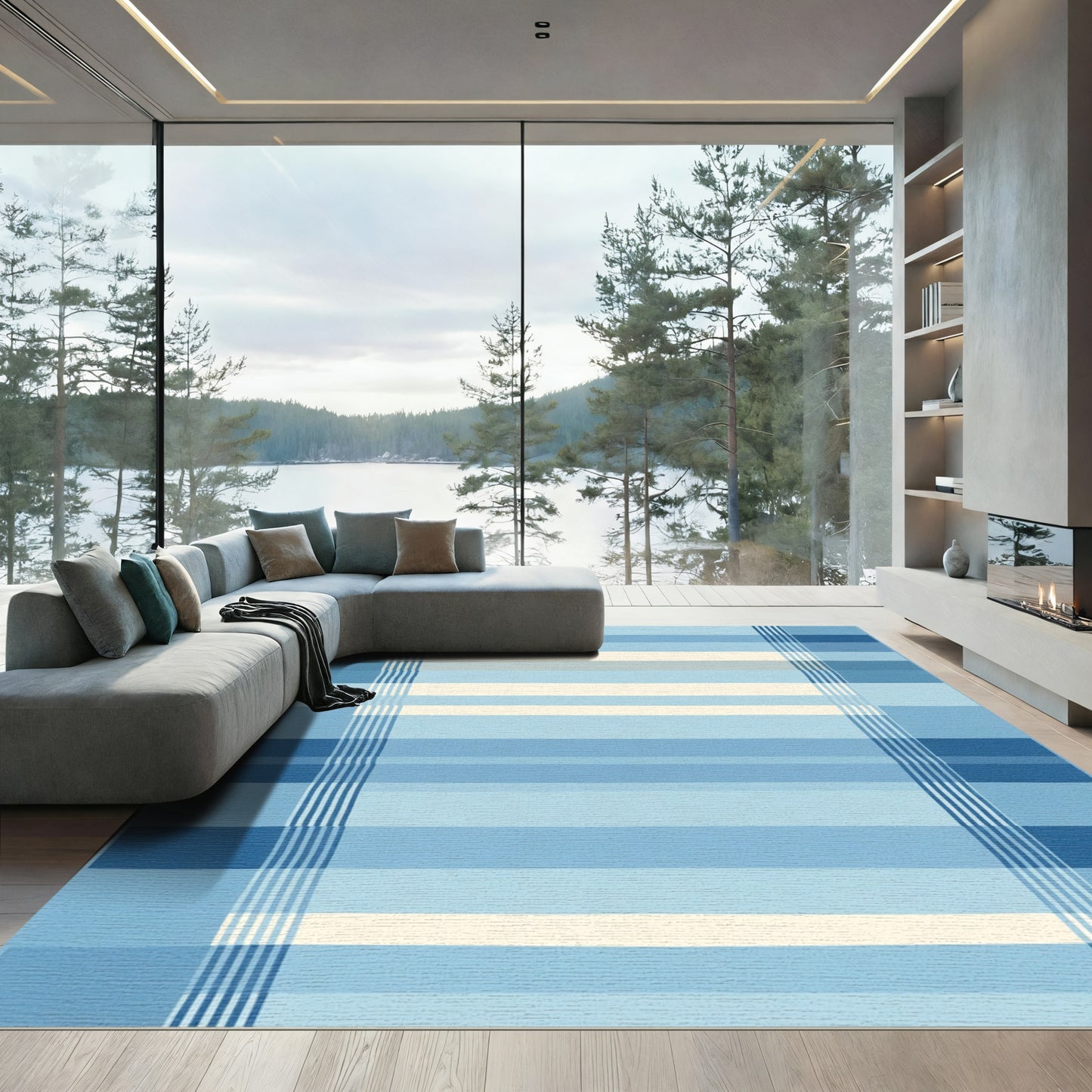 Serene Blue Stripe Grid Rug