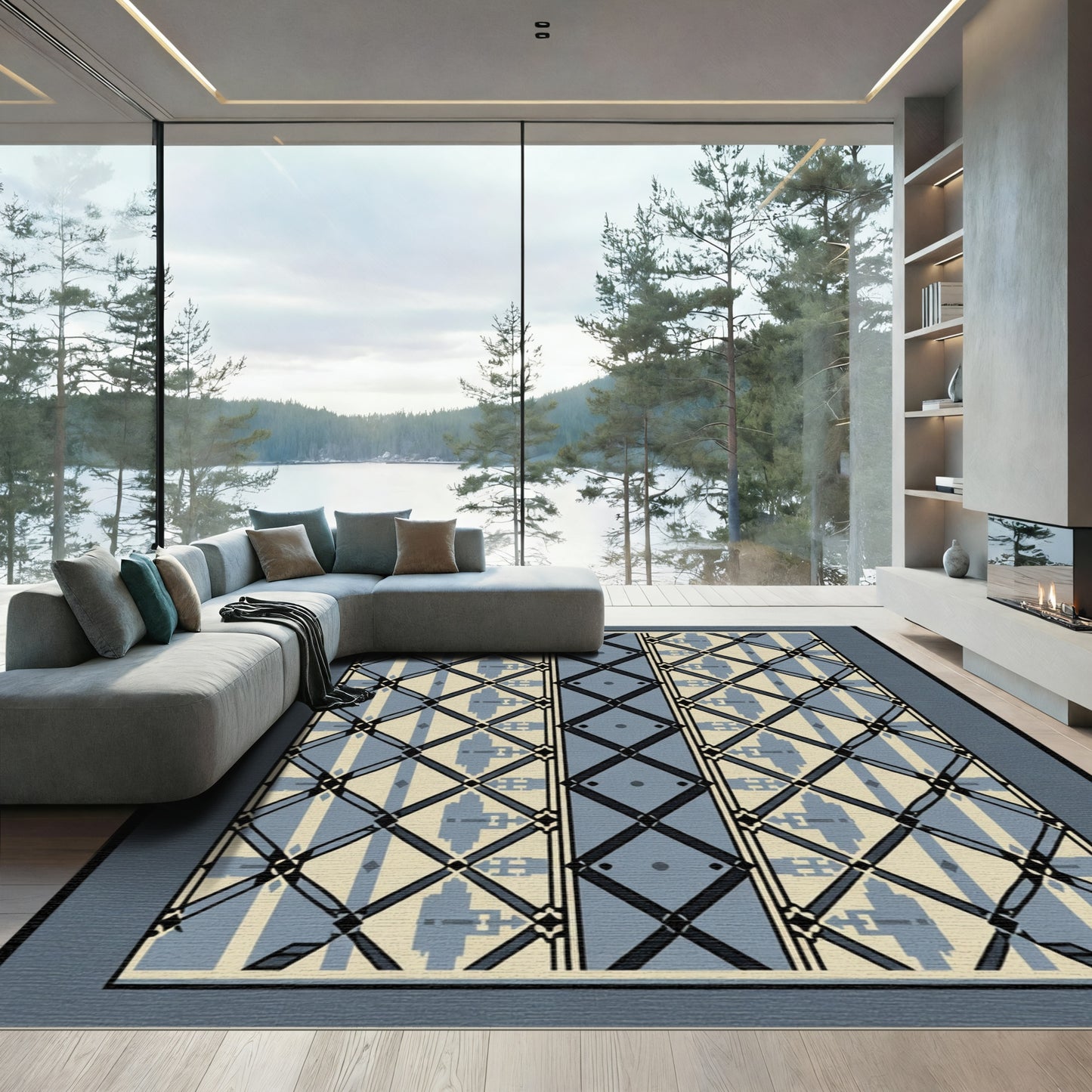 Pale Blue Neutral Geometric Lattice Rug