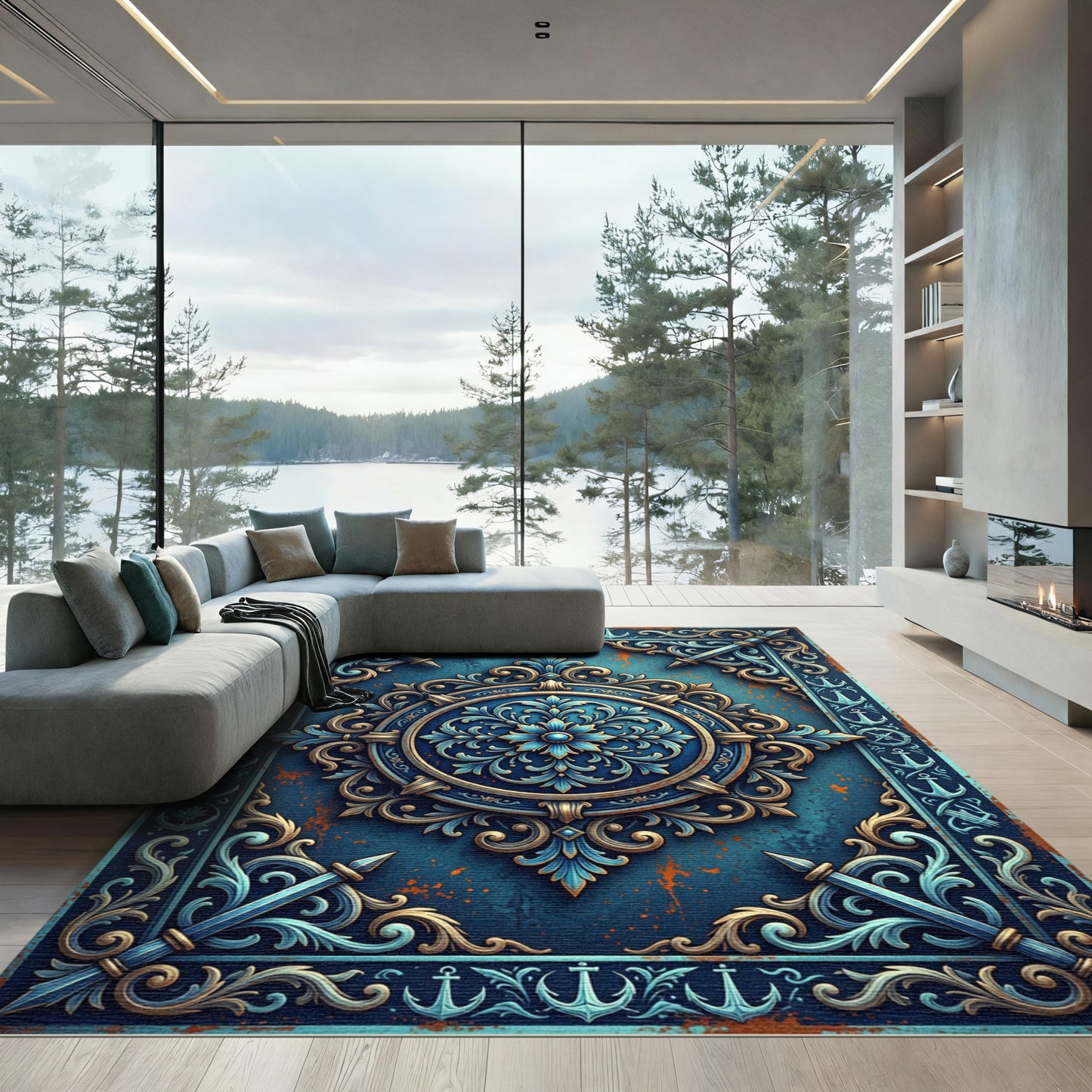 Ornate Blue Nautical Compass Medallion Rug