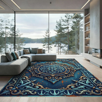 Ornate Blue Nautical Compass Medallion Rug