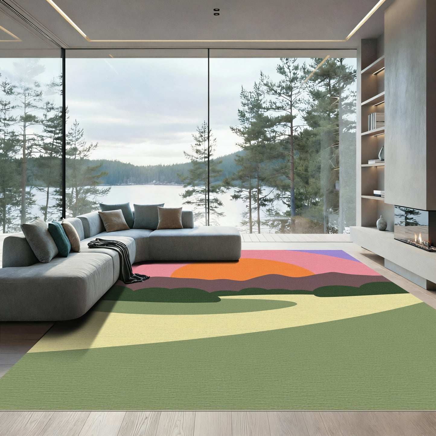 Sunset Landscape Curved Lines Rug