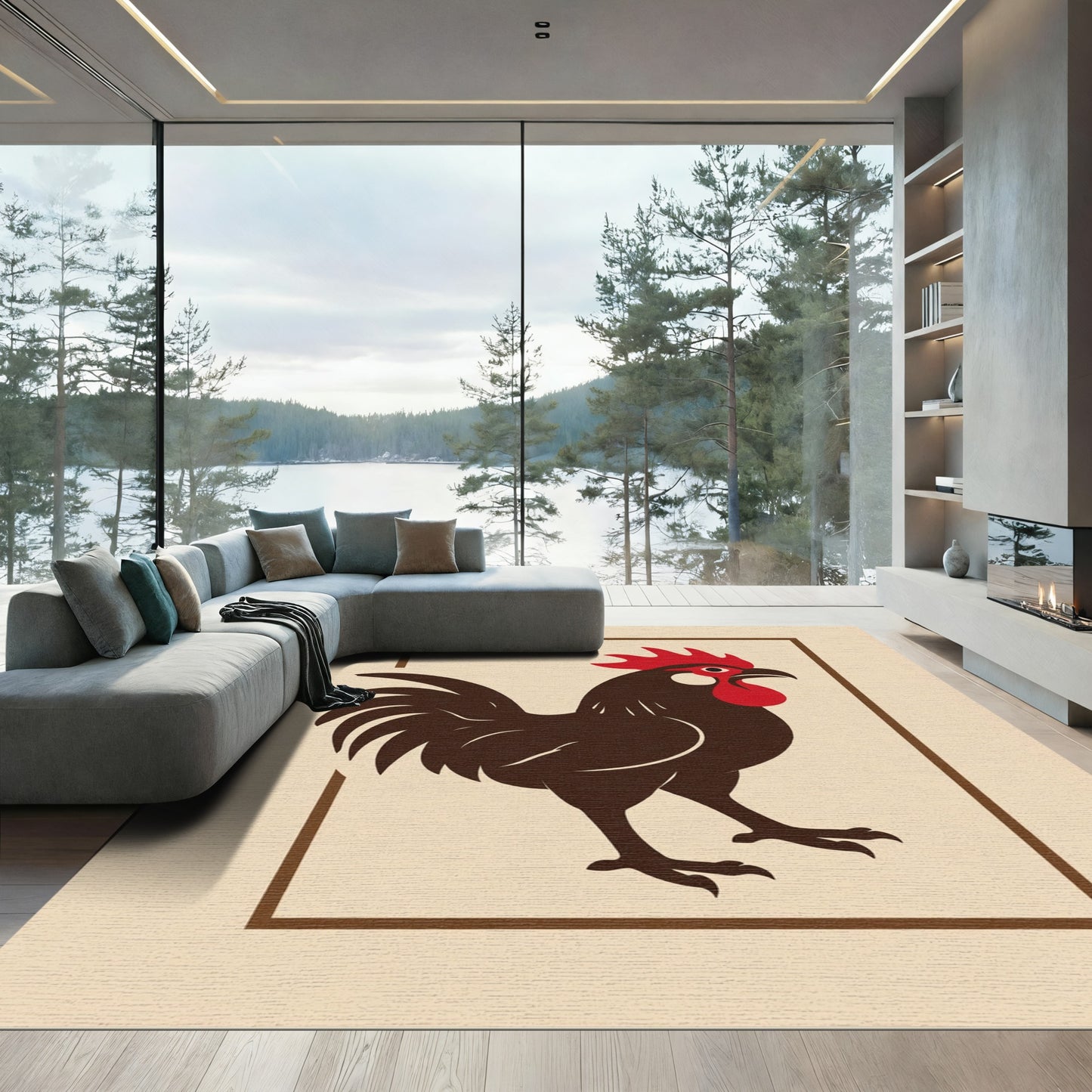 Bold Crimson Rooster Folk Art Rug
