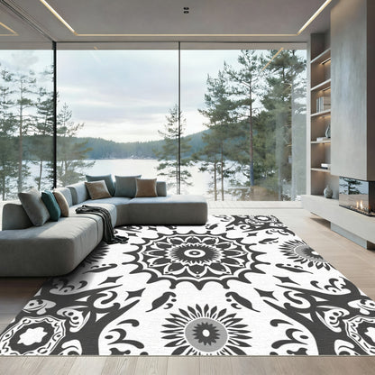Monochromatic Floral Mandala Art Rug