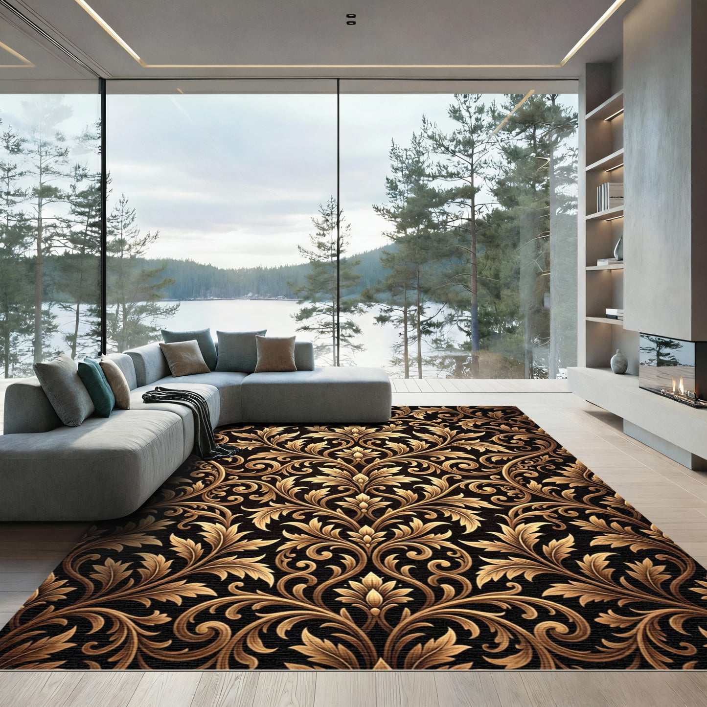 Ornate Gold Leaf Damask Rug