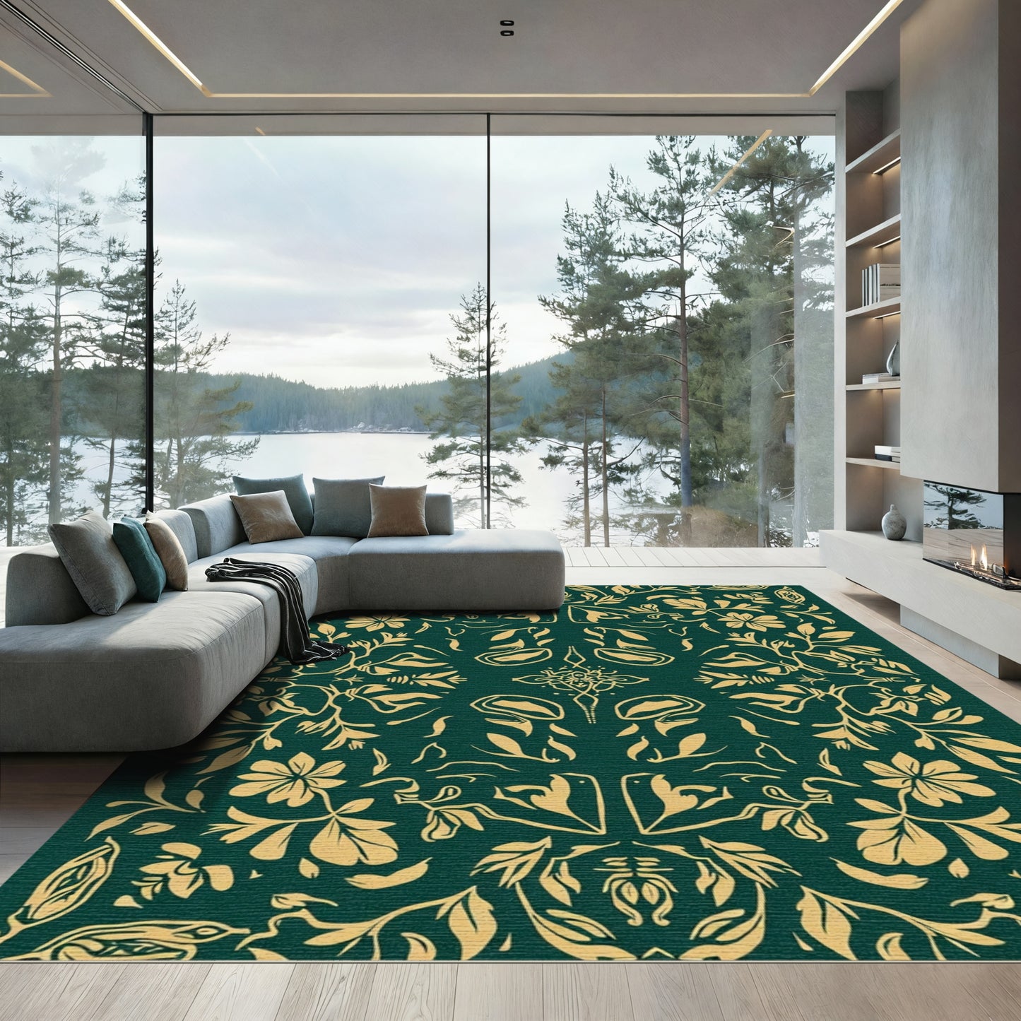 Emerald Gold Floral Garland Medallion Rug