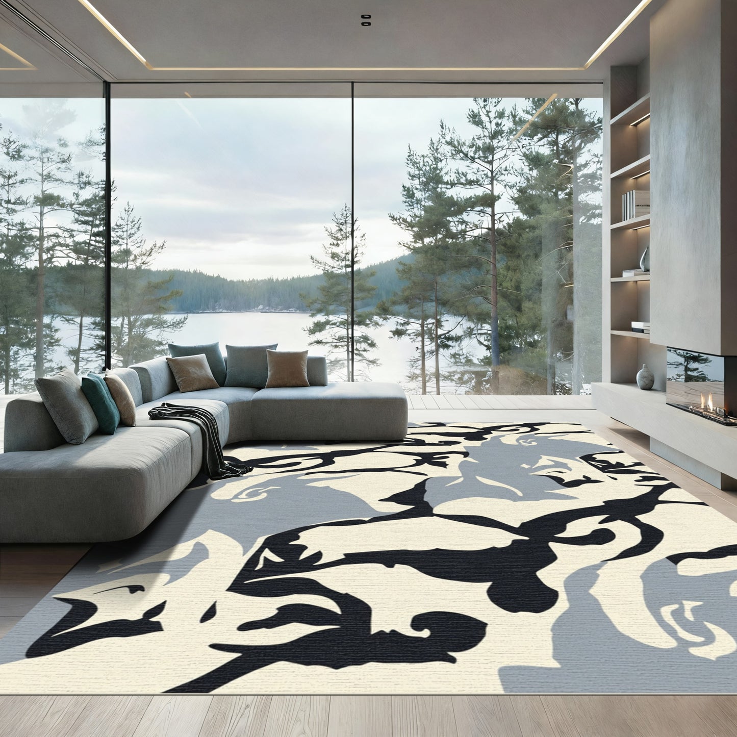 Abstract Cream Black Gray Flow Rug
