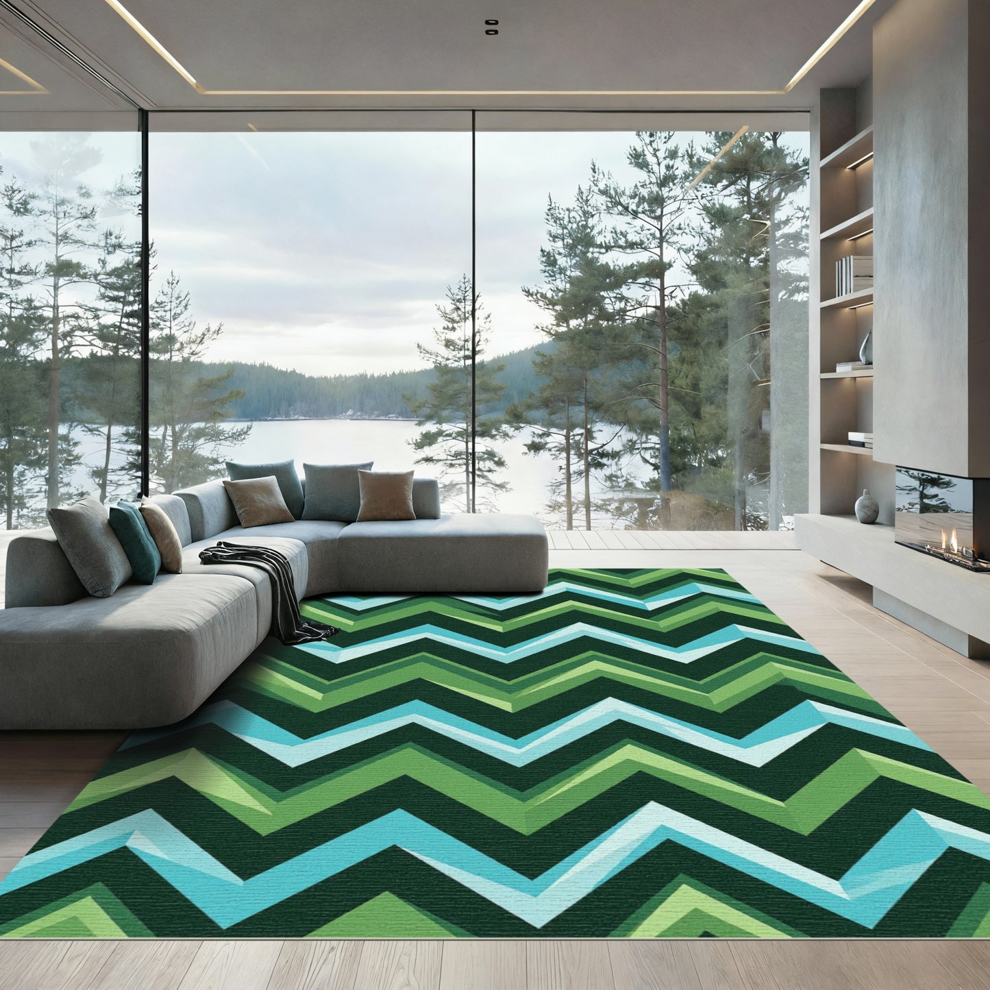 Modern Geometric Chevron Teal Green Rug