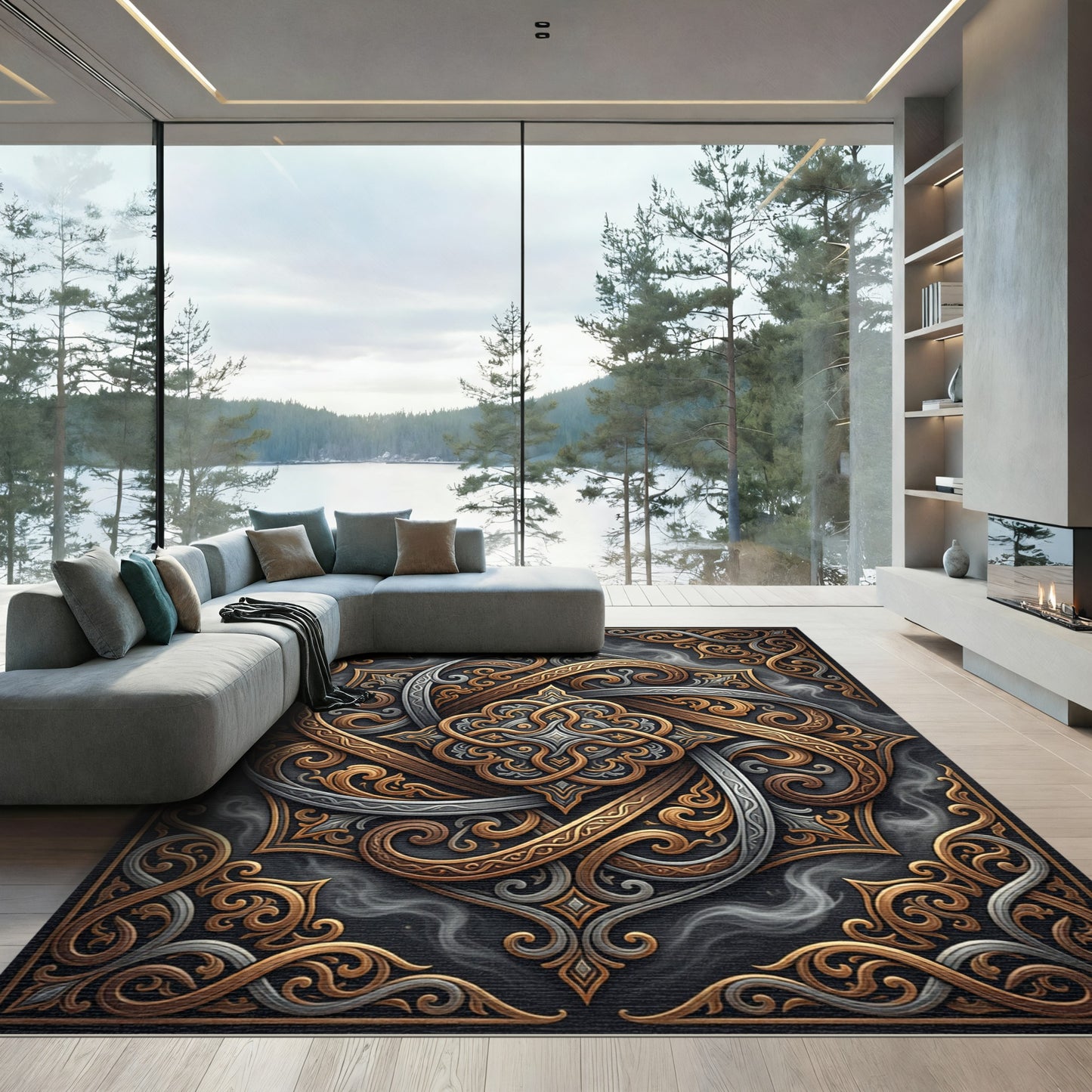 Ornate Gold Silver Ethereal Swirl Medallion Rug