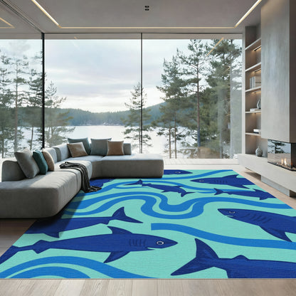 Deep Blue Shark School Waves Rug