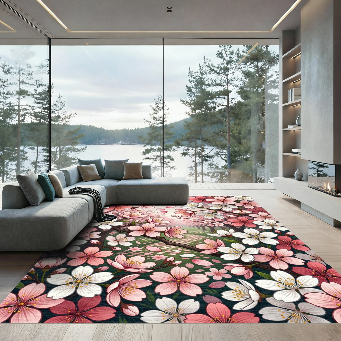 Pink and White Cherry Blossom Cluster Rug