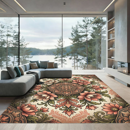 Elegant Peachy Floral Medallion Blossom Rug