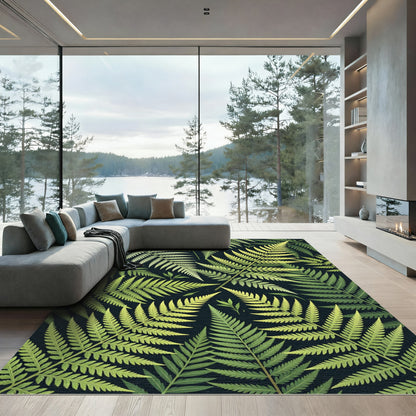 Verdant Fern Fronds Over Dark Background Rug