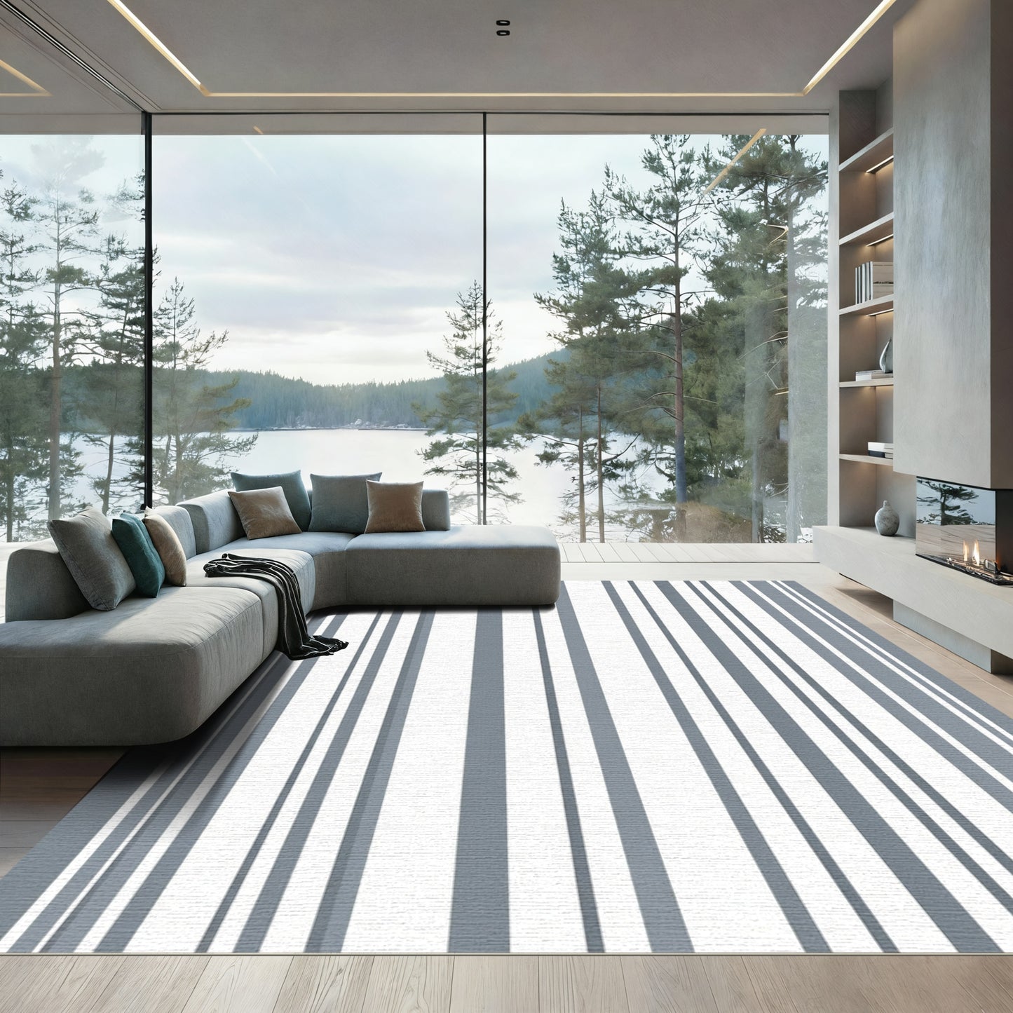 Modern Gray White Vertical Stripe Rug