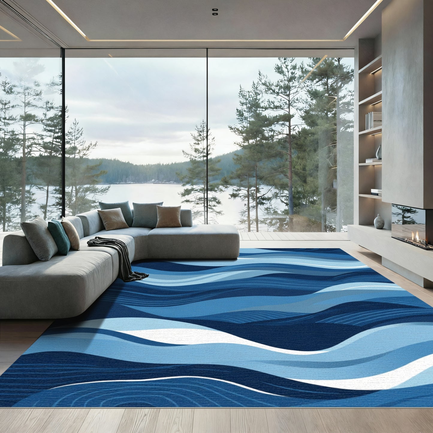 Deep Blue Layered Wave Art Rug