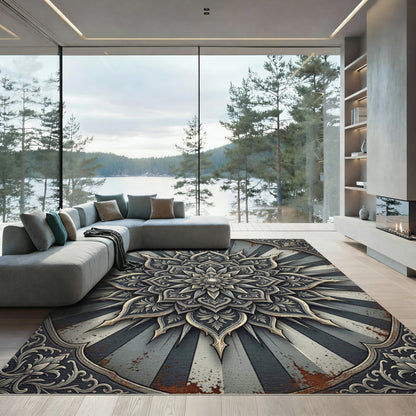 Metallic Gray Floral Starburst Medallion Rug