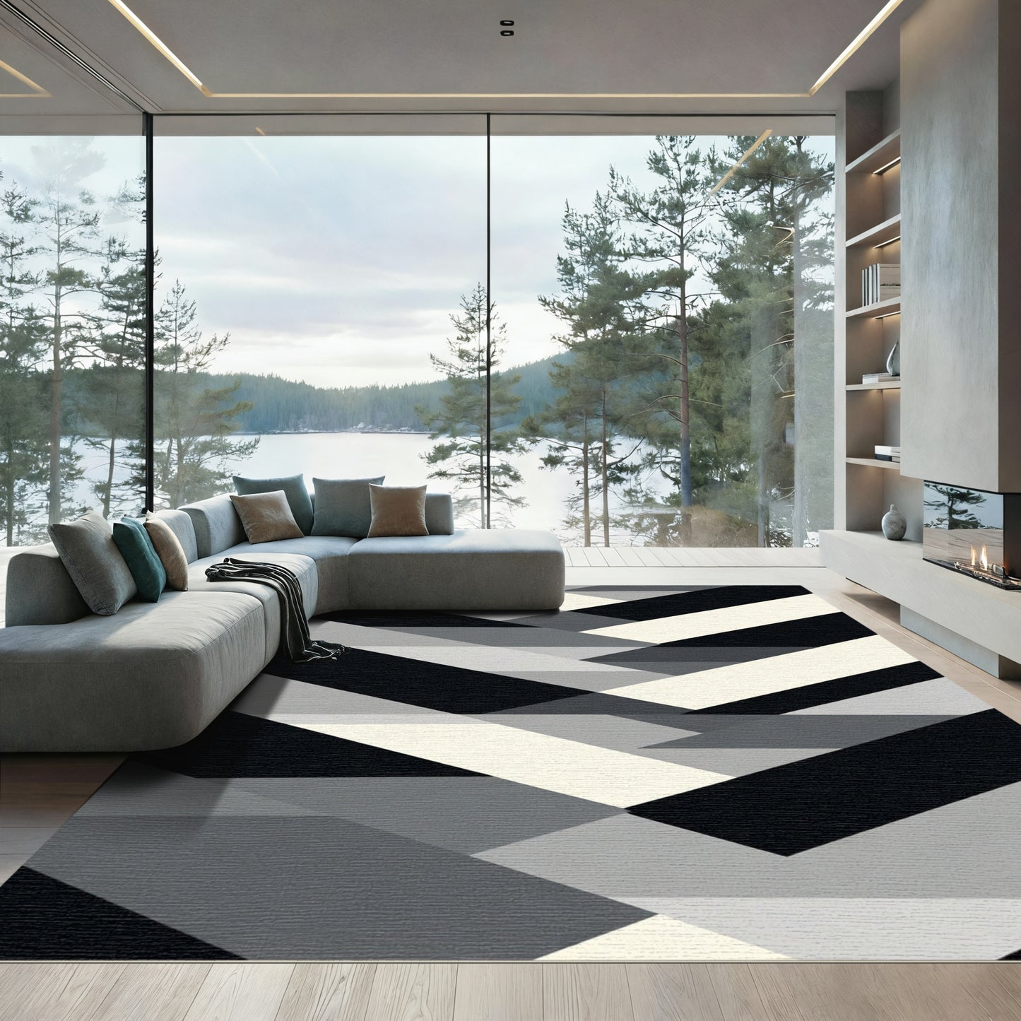 Monochrome Geometric Chevron Fragment Rug