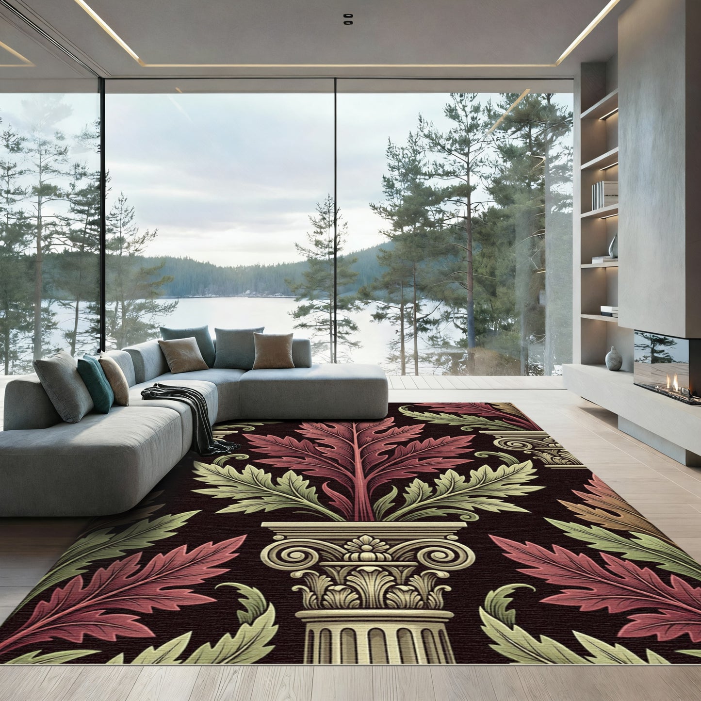 Crimson Green Acanthus Pillar Composition Rug