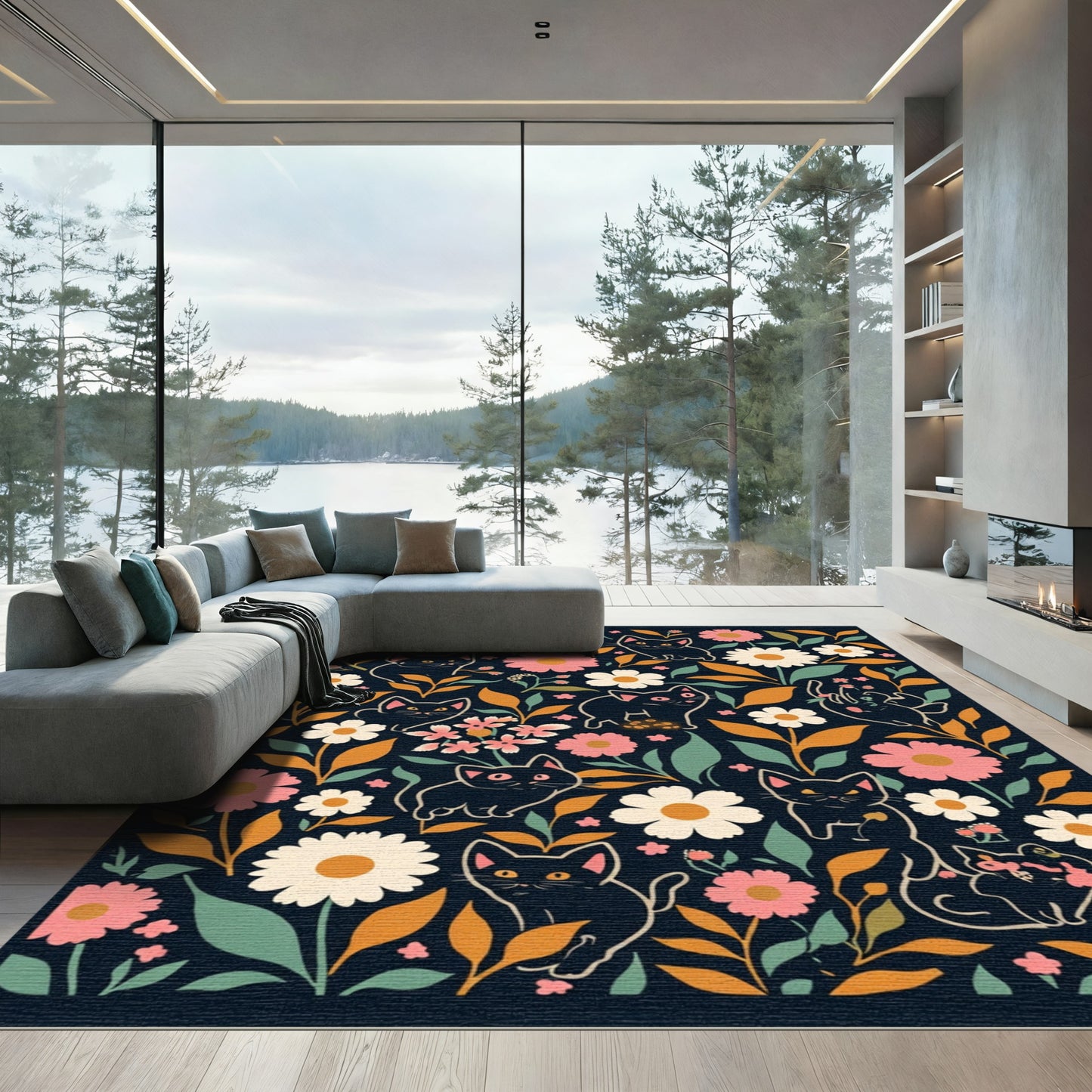 Black Cats And Blooms Floral Rug