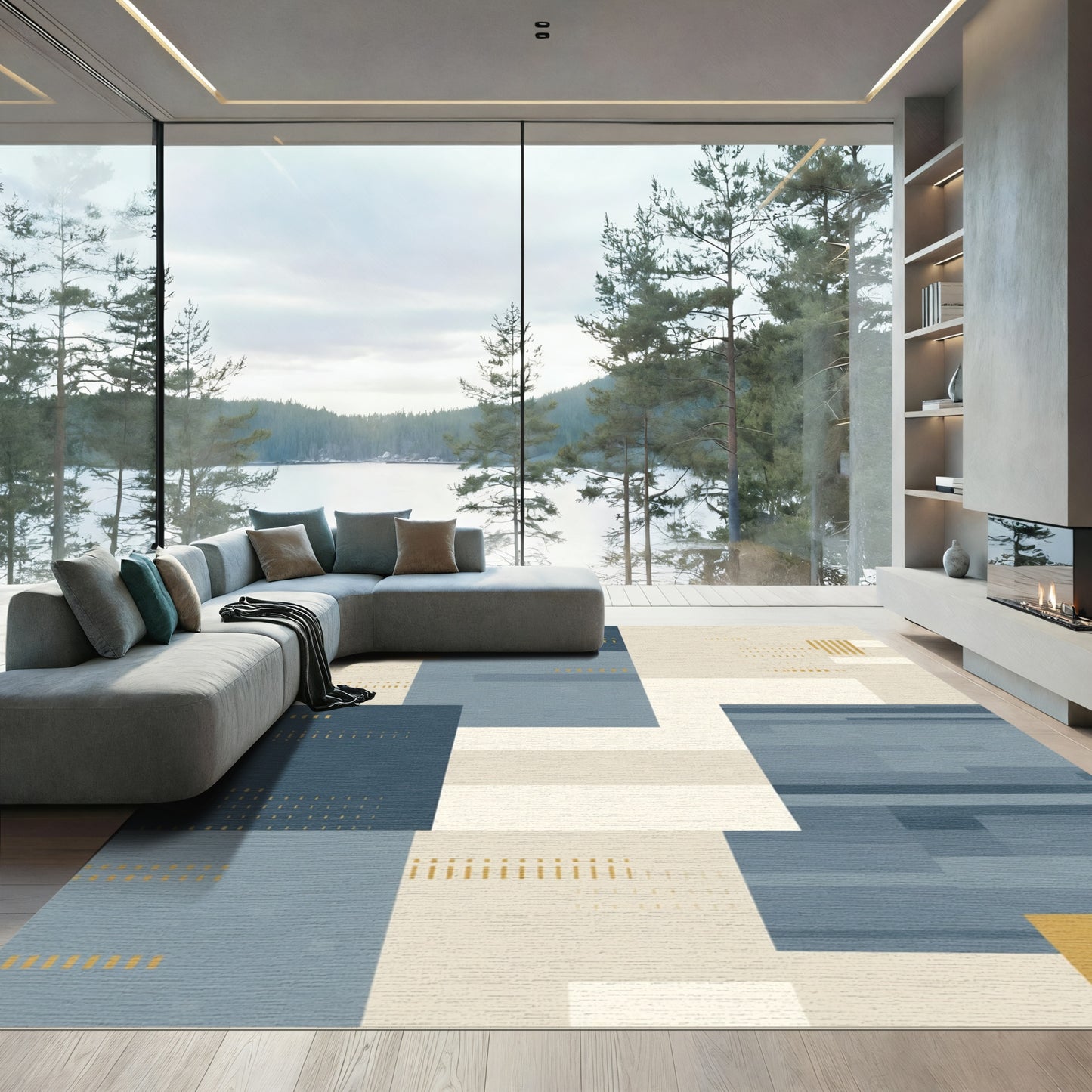 Abstract Geometric Ochre Blue Reeds Rug