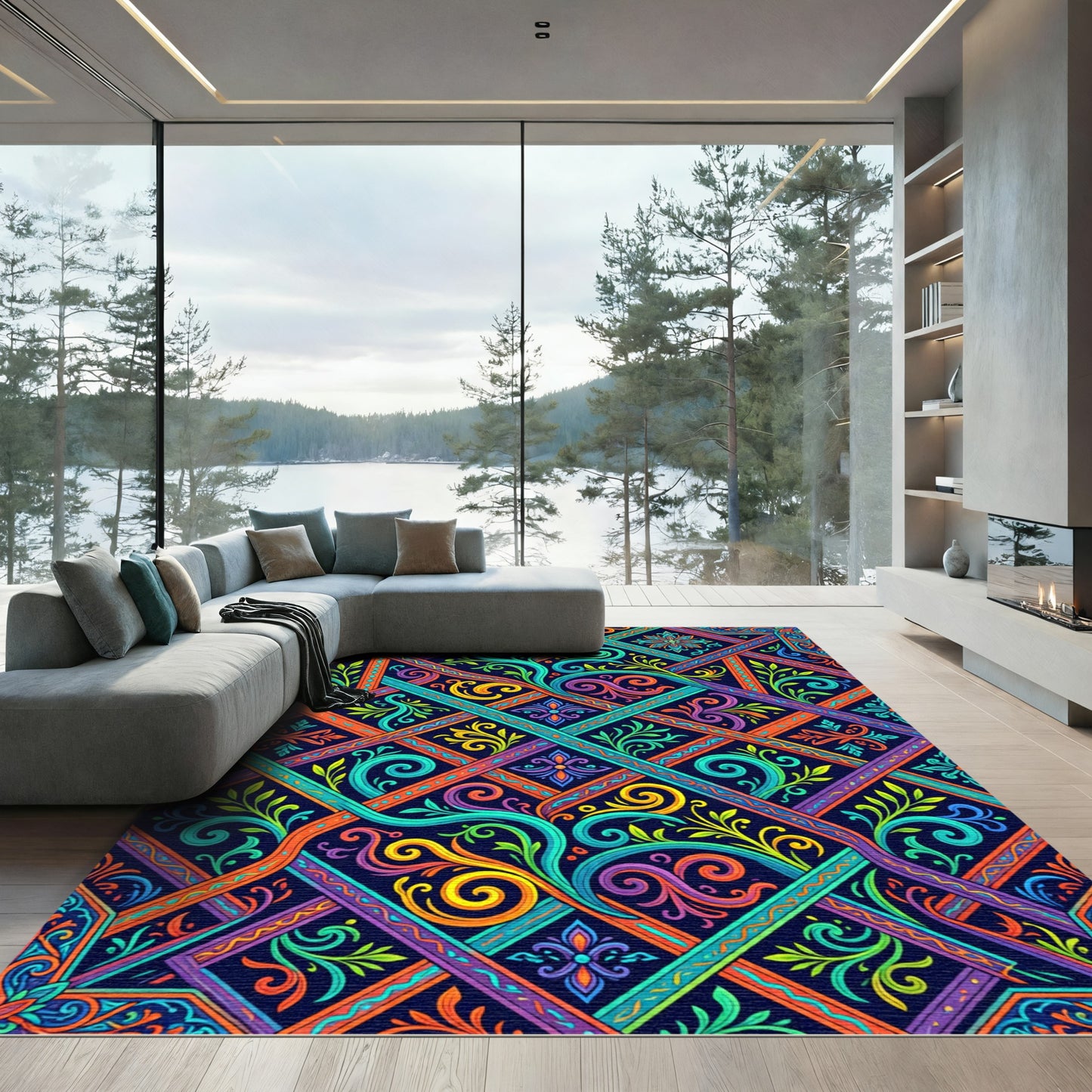 Vibrant Neon Ornate Swirl Tile Rug