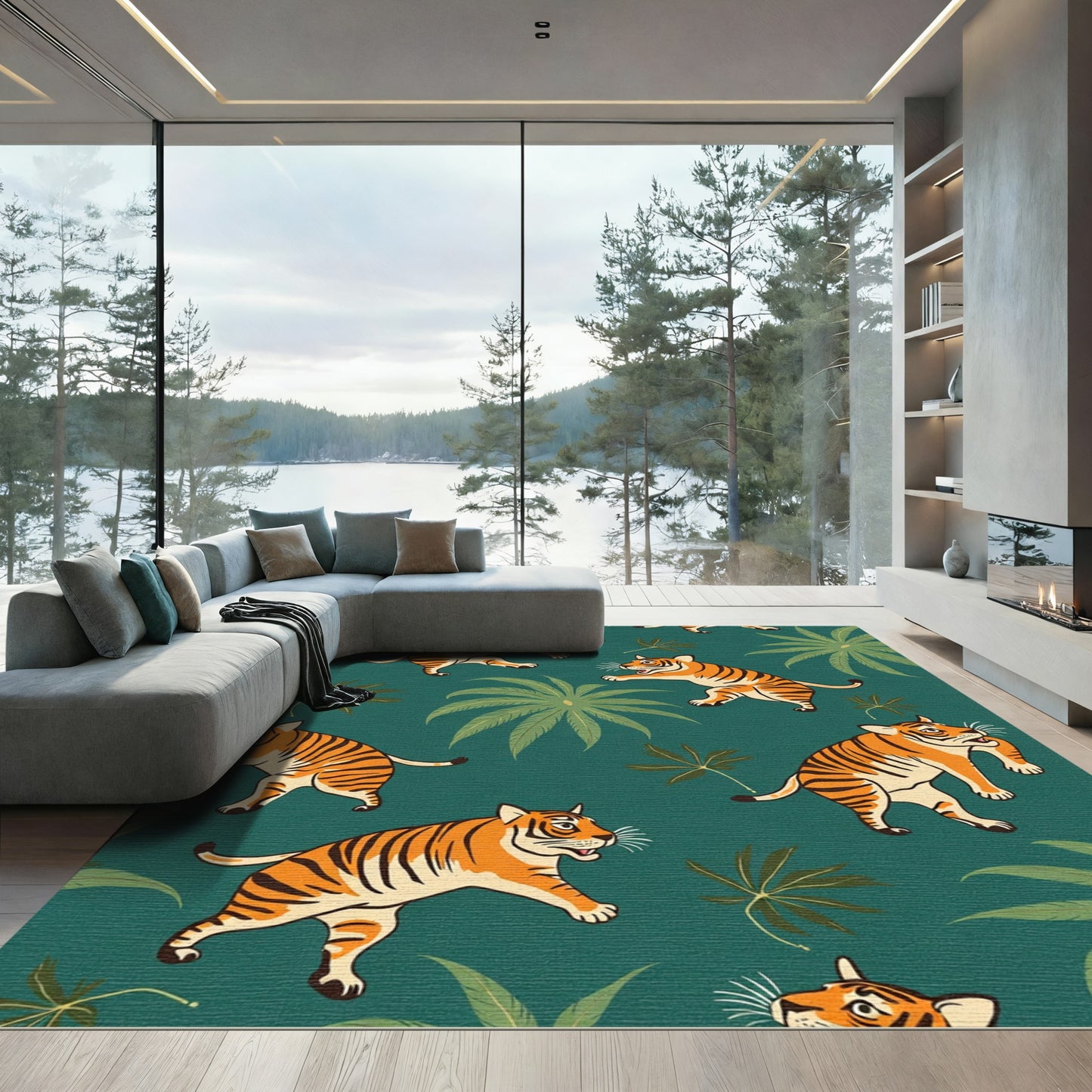 Playful Tigers Among Emerald Jungle Leaves Rug