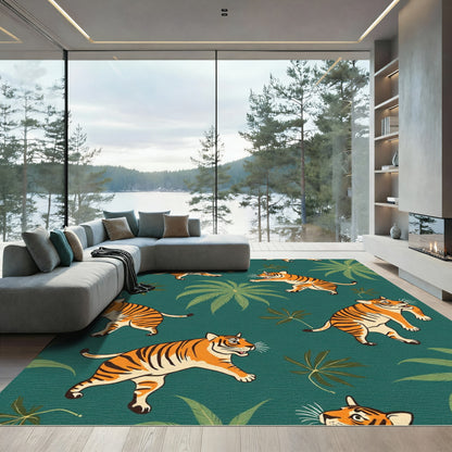 Playful Tigers Among Emerald Jungle Leaves Rug
