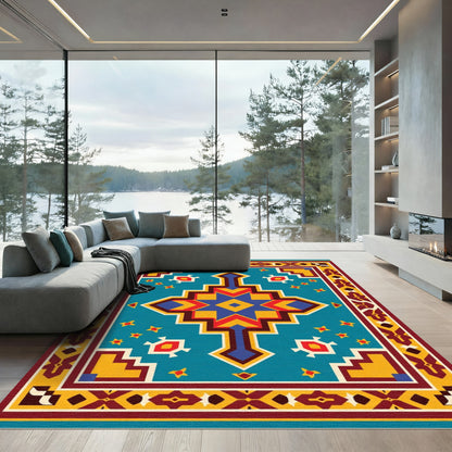 Turquoise Red Yellow Geometric Central Medallion Rug