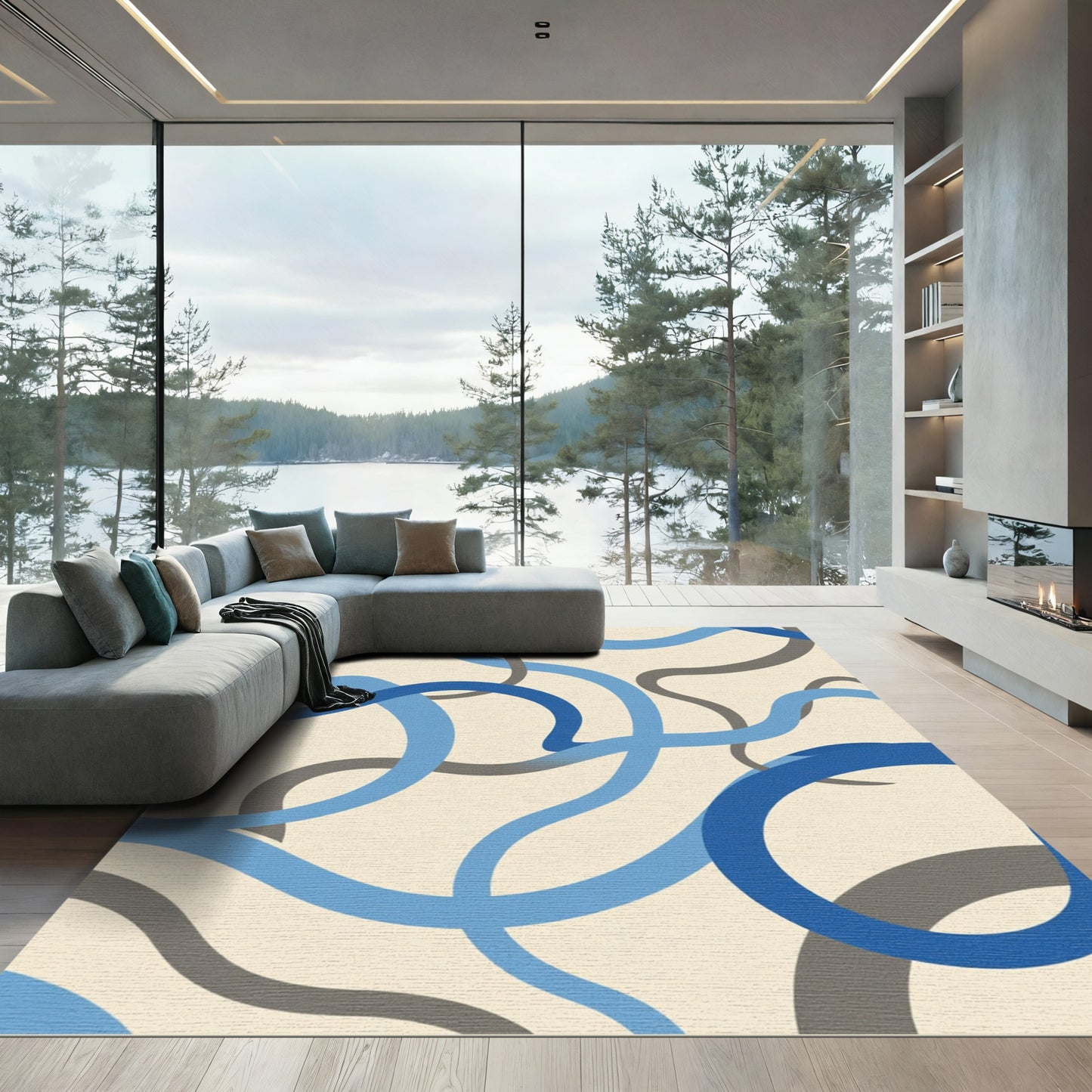 Curving Blue Gray Ribbon Flow Rug