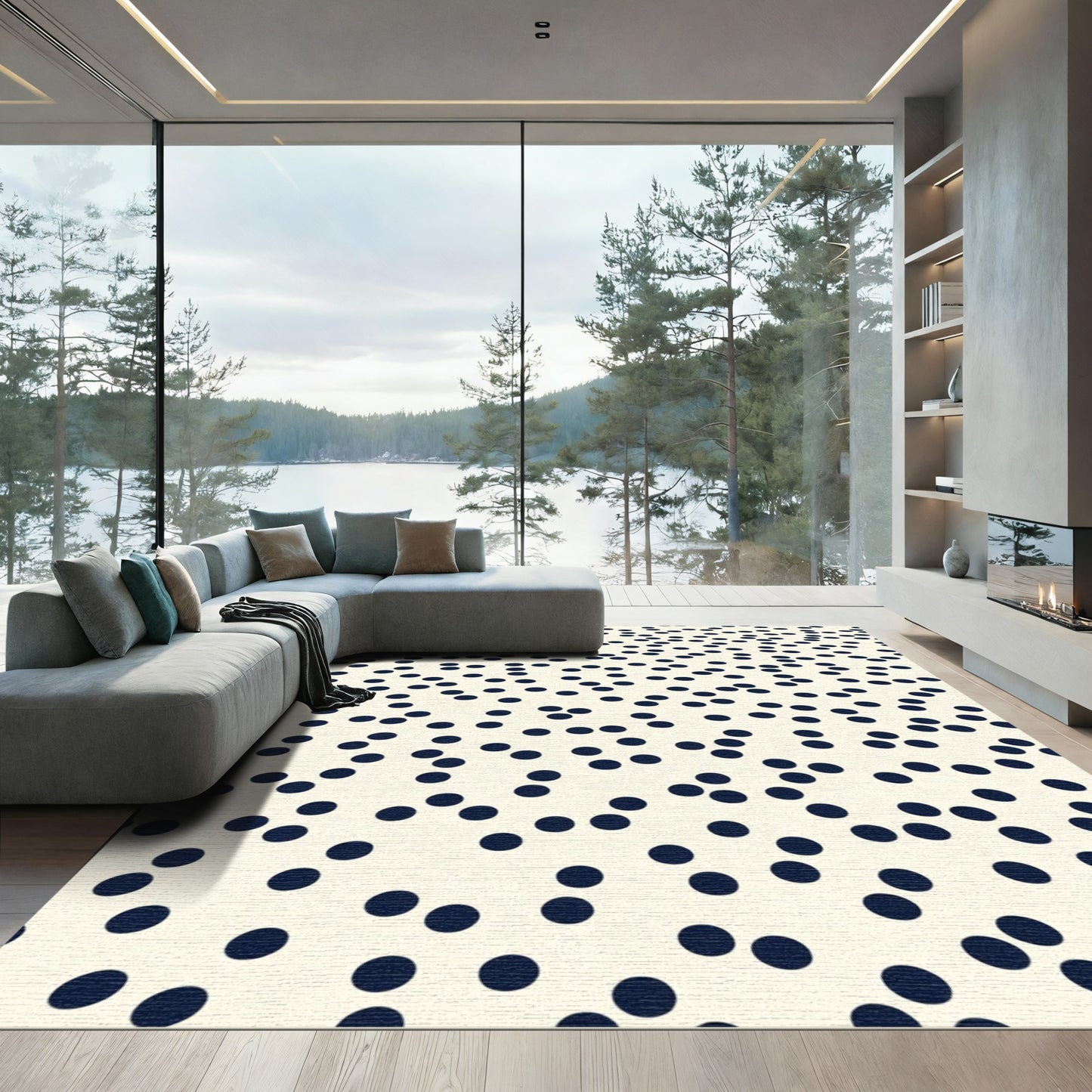 Cream Navy Scattered Polka Dot Rug