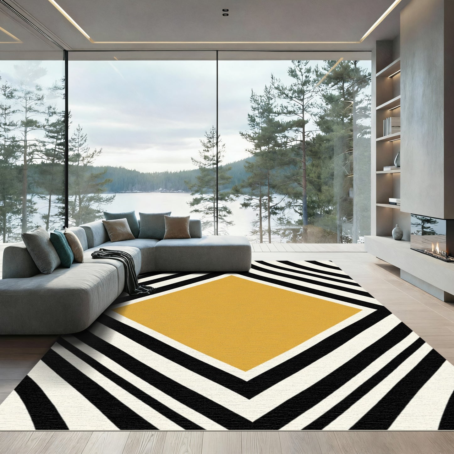 Mustard Yellow Diamond Black Stripe Rug