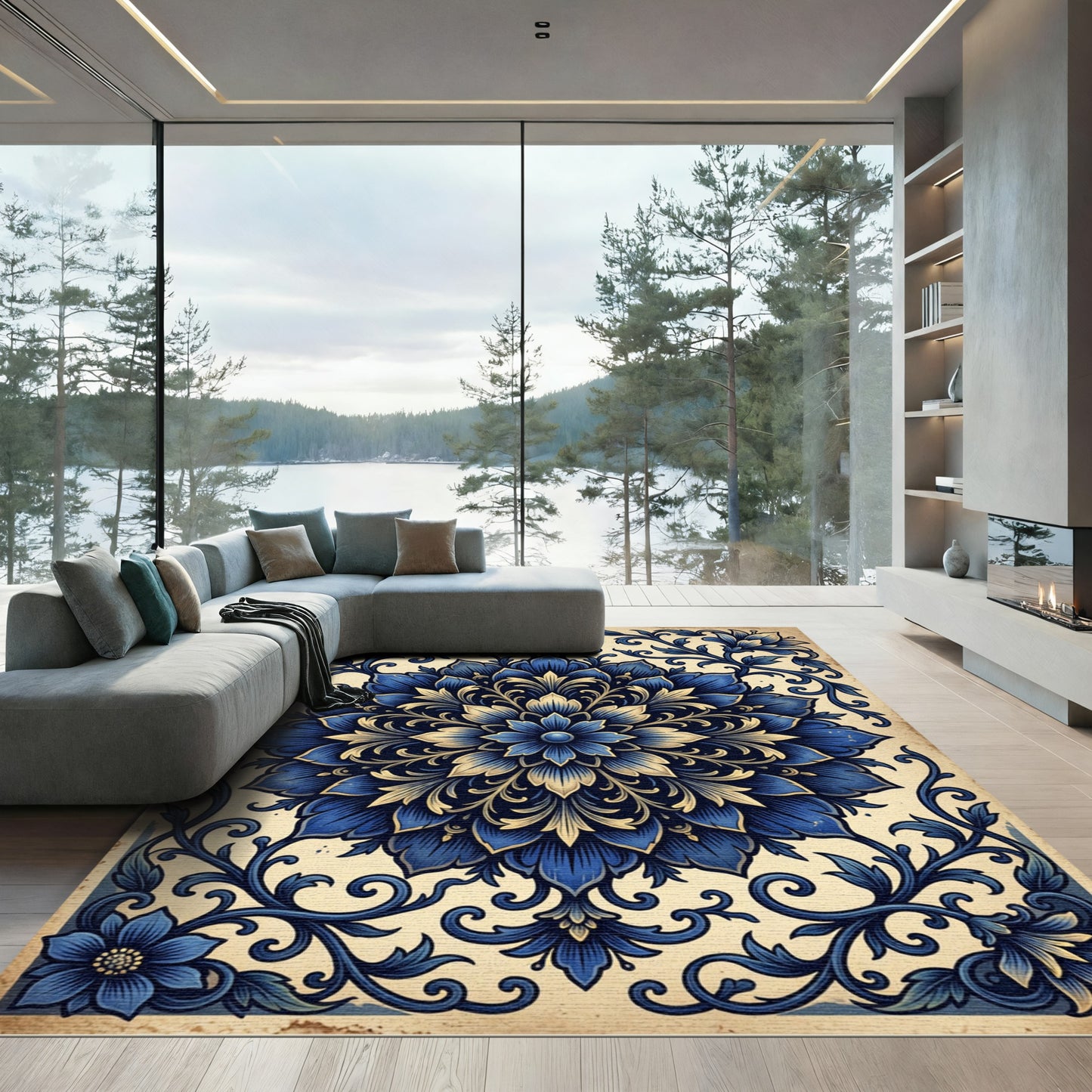 Intricate Blue Floral Medallion Rug