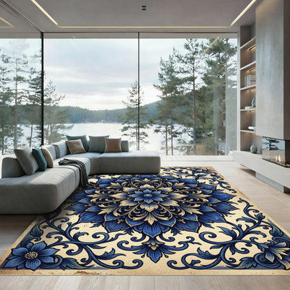 Intricate Blue Floral Medallion Rug