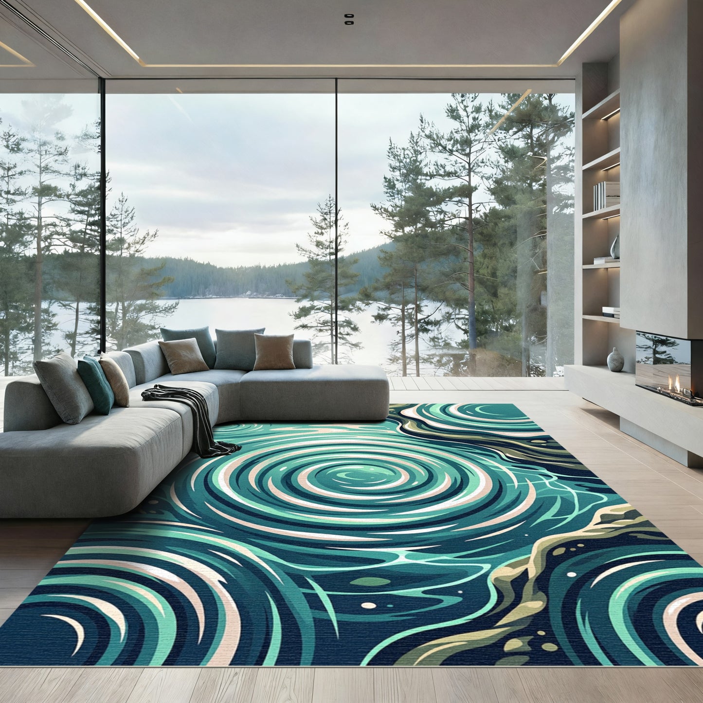 Abstract Teal Swirl Water Ripple Rug