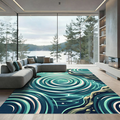 Abstract Teal Swirl Water Ripple Rug