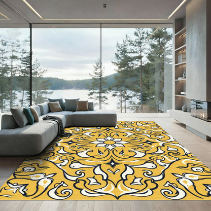 Golden Ochre Floral Swirl Medallion Rug