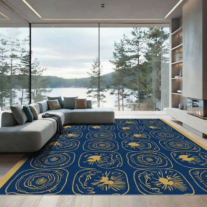 Navy Gold Floral Medallion Grid Rug