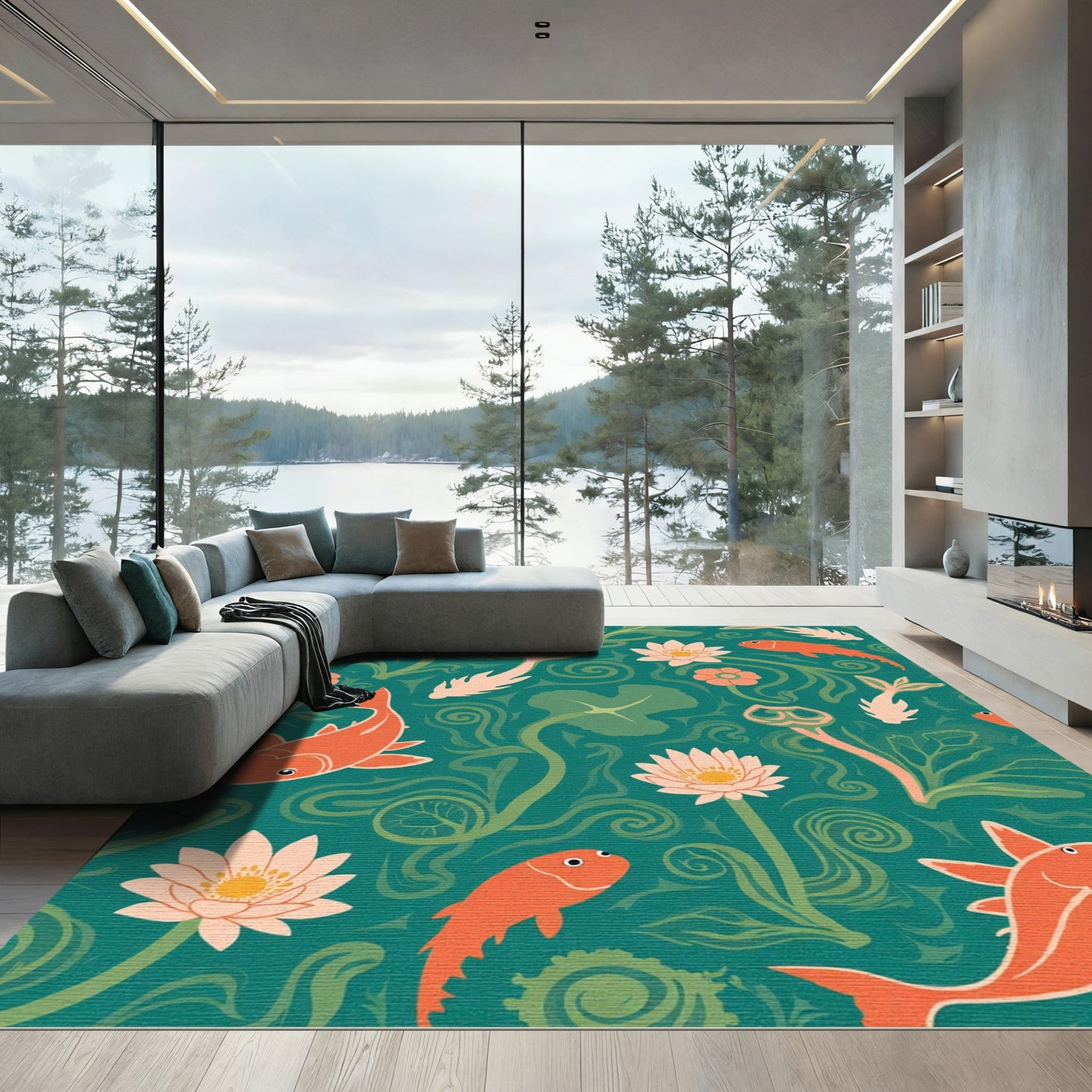 Coral Koi Fish Water Lily Garden Rug