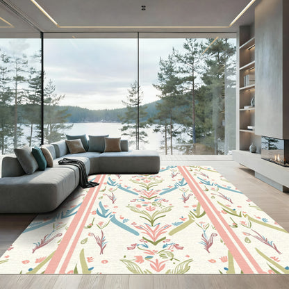 Faded Pink Blue Stemmed Floral Columns Rug