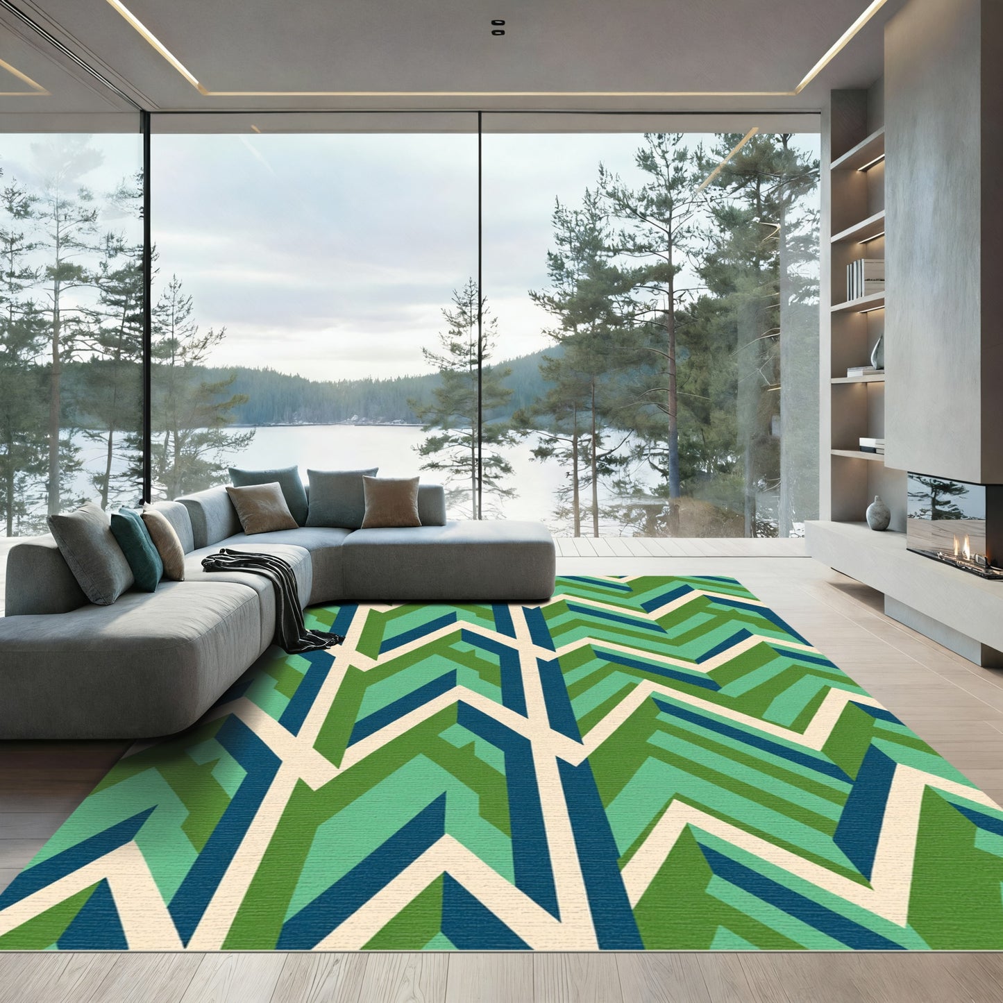Green Blue Cream Geometric Chevron Rug