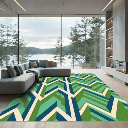 Green Blue Cream Geometric Chevron Rug